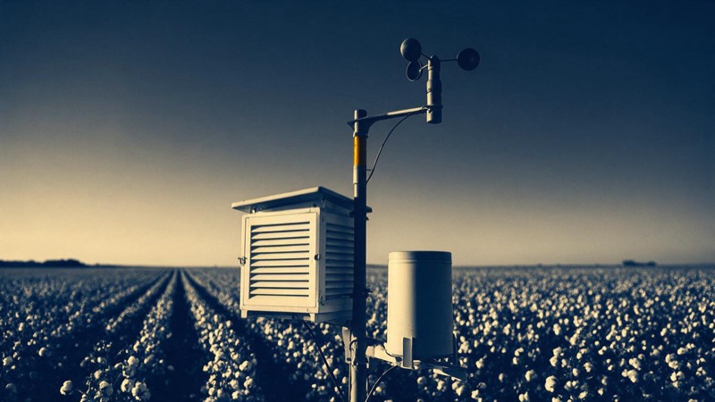 A white weather station among green cotton rows, slatted instrument box, rain gauge and wind cups against a huge sky, early morning in Brazil's Mato Grosso