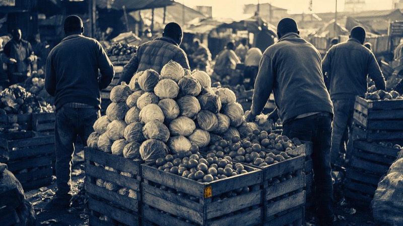 Early-morning wholesale vegetable market in Nairobi, tall piles of cabbages and tomatoes in crates on the ground, traders seen from behind arranging stock