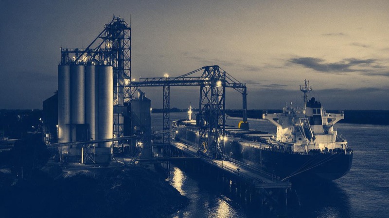 A grain export terminal on the Paraná river near Rosario at blue hour, tall silos and a conveyor gantry with a bulk carrier alongside and floodlights just coming on