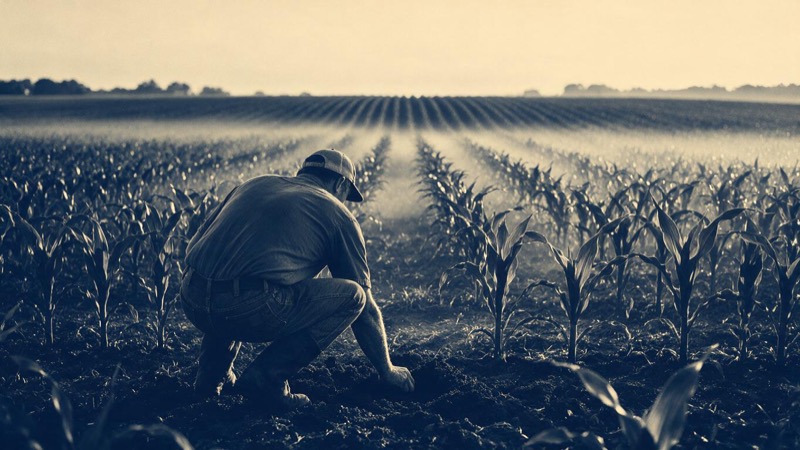 A farmer crouching in a young maize field at dawn, one hand pressed into dark soil, seen from behind with rows stretching to a pink horizon in Iowa and low mist between them