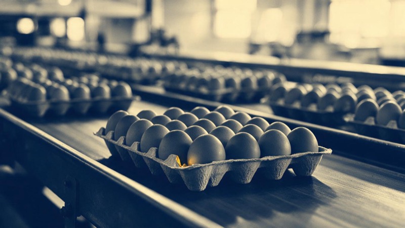 Brown eggs in pulp-fibre trays riding a conveyor through a bright egg-grading hall, rows of identical trays blurred behind in cool factory light