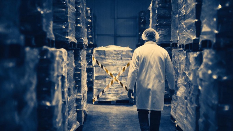 A cold-store aisle lined with wrapped pallets, one pallet cordoned off with striped tape, a worker in a white coat and hairnet seen from behind walking away under cold blue light