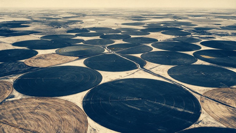 Aerial view at midday of Great Plains farmland, green irrigated circles beside brown drought-stressed ones, a river's pale thread crossing the pattern