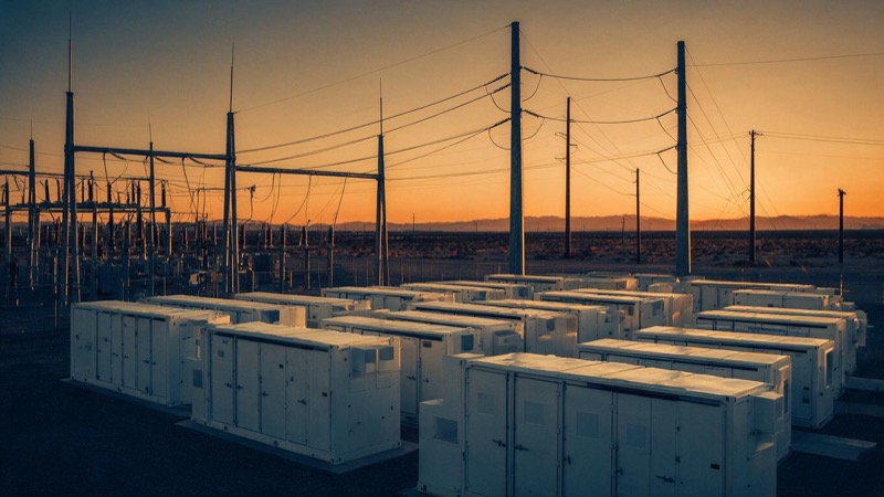 Rows of white battery storage containers beside a substation in a flat desert, power lines stretching away under a deep orange sunset