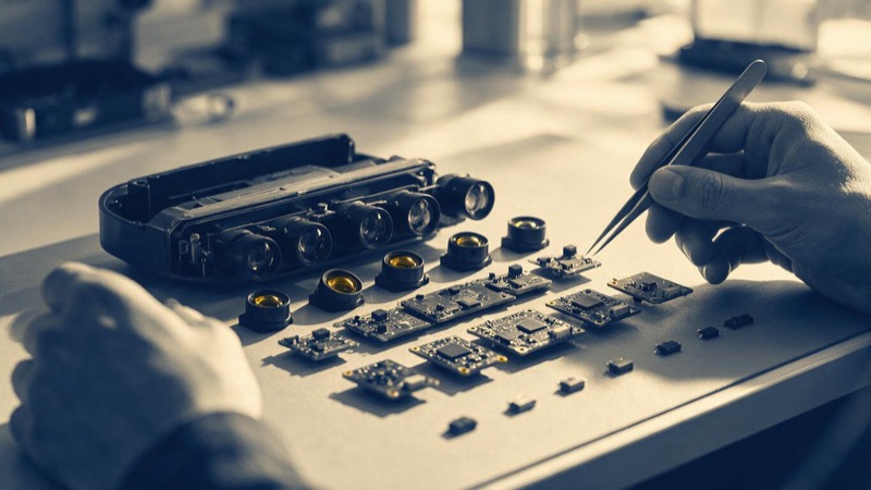A lidar sensor taken apart on a clean workbench, lenses and circuit boards laid out in neat rows under a bright lamp, hands holding tweezers
