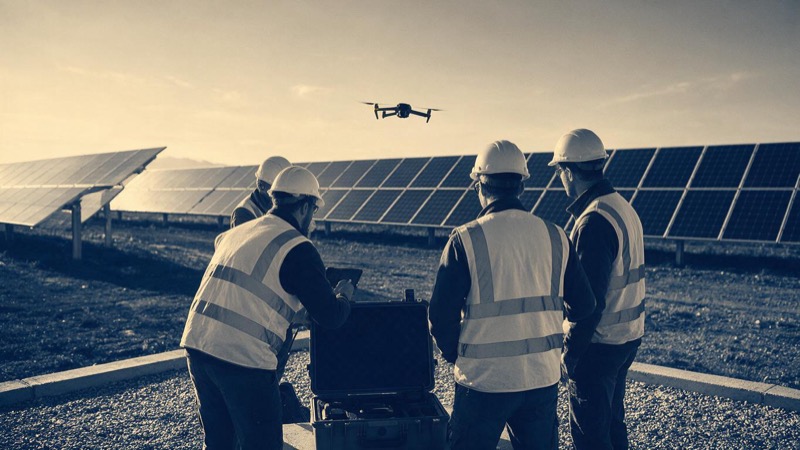 A survey crew in hi-vis vests gathered around an open hard case on a gravel pad as a small quadcopter lifts off above a Spanish solar farm at sunrise, seen from behind