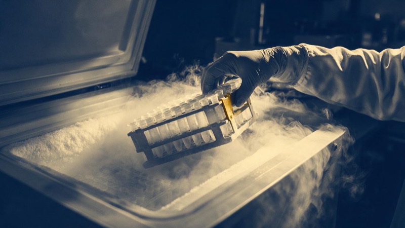 A technician's gloved hand lifting a rack of frozen sample tubes from an ultra-low freezer, cold white vapour pouring out across the dark laboratory