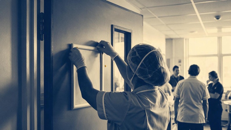 A long empty hospital corridor at night in pale blue light, closed doors on both sides and one door ajar