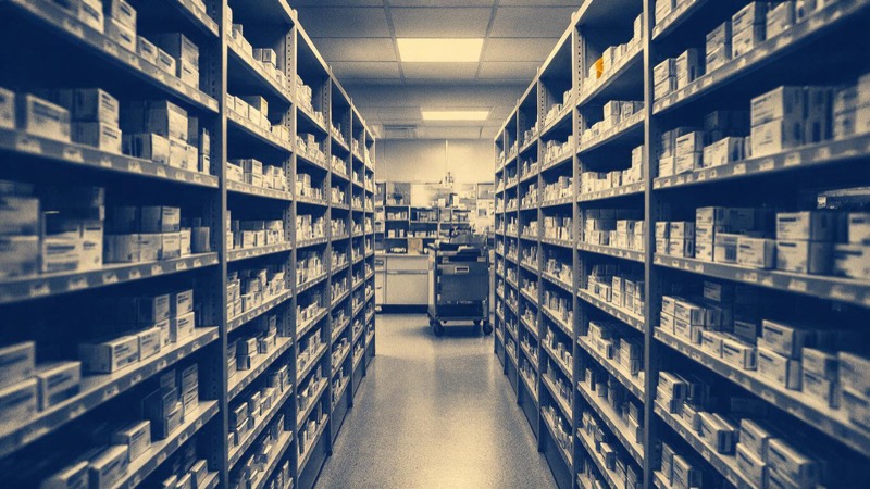 Aisles of tall shelves of identical medicine boxes in a hospital stockroom under cool fluorescent light, a trolley parked at the end