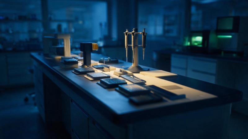 A genetics laboratory at night, long benches of pipettes and sample plates under cool blue light and a lone sequencer glowing green in the corner