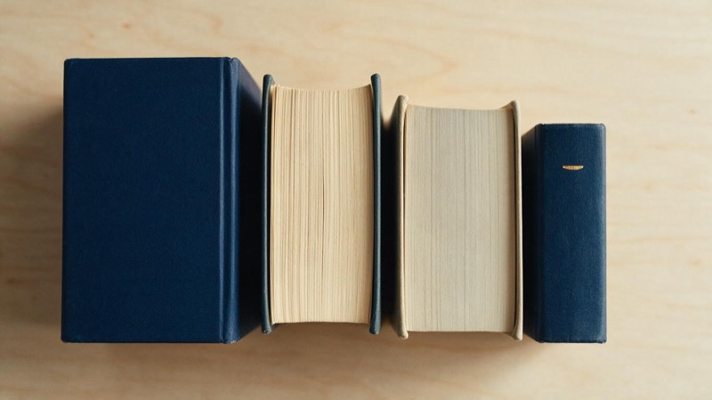 Four hardbacks of different thickness and plain muted colours laid in a row on a pale wooden table, shot straight down from above in soft even light