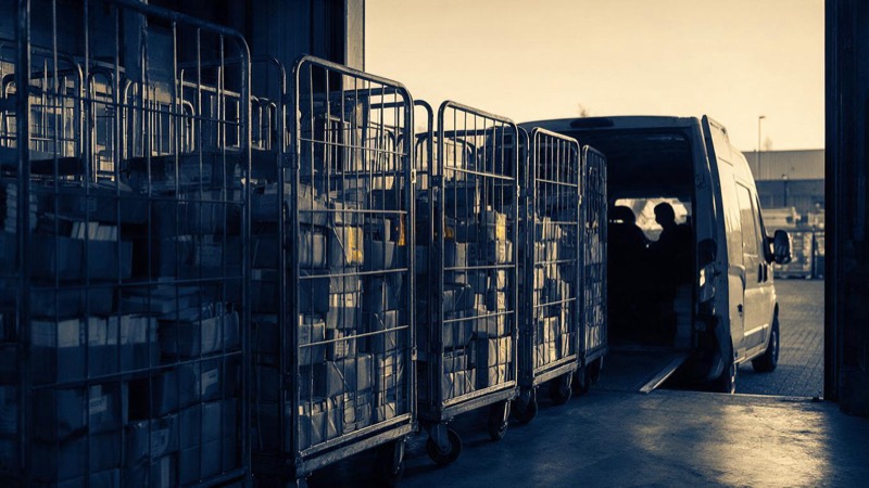 A book wholesaler's depot in the Netherlands at dawn, caged trolleys of boxed books waiting at a loading bay as a delivery van backs in