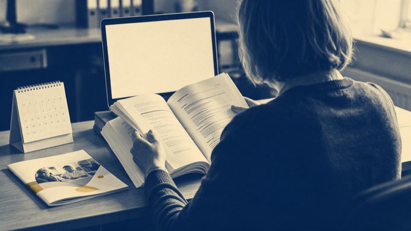 A bid writer at a desk in a plain office reading a thick tender document beside a laptop, with a care-home brochure and a calendar showing a closing date, seen from behind, no faces