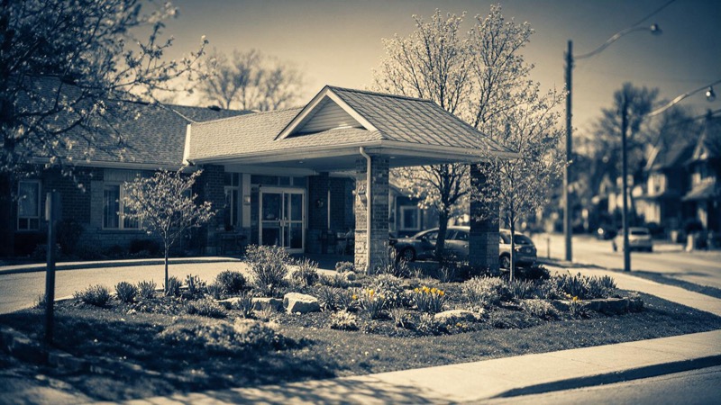 Low brick care home with a landscaped garden and covered entrance on a quiet suburban street in Toronto in spring light, a few cars in the drive