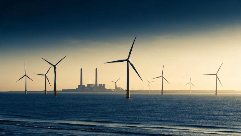 Offshore wind turbines rising from a calm North Sea at sunrise, a coastal gas-fired power station with two chimneys on the shoreline beyond
