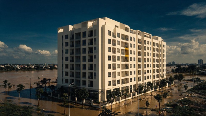 A newly built riverside apartment block beside a wide brown river in flood season in Vietnam, the lower street already under shallow water