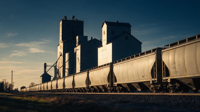 A line of grain elevators beside a railway in Illinois at sunset, a freight train of hopper cars passing in front