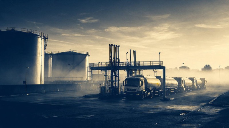 A fuel depot at dawn with storage tanks, a loading gantry and tanker lorries parked in a line, mist hanging over the yard