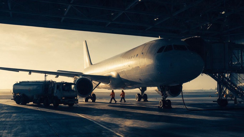 An airline's hangar at dawn with a parked jet, a fuel bowser beside the wing and ground crew in orange jackets walking under the fuselage