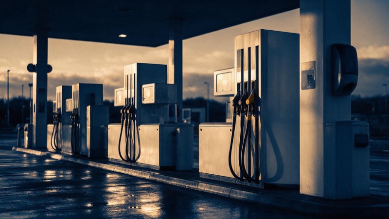 A row of fuel pumps under a forecourt canopy at a motorway service station at dusk, wet tarmac reflecting the lights