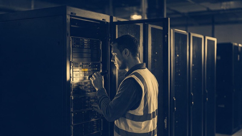A technician in a hi-vis vest examining one server rack with a torch after an outage, a row of dark racks beside it, Cape Town data centre at night