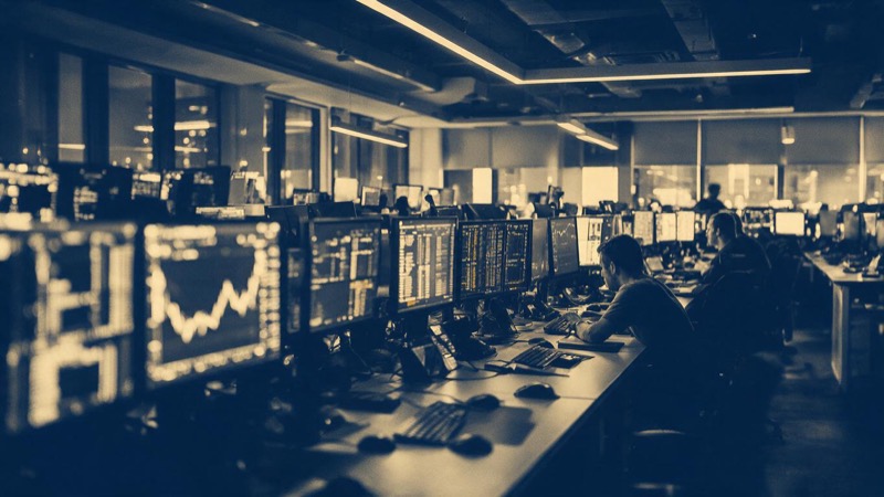 Wide view of an open-plan crypto trading floor in Singapore late at night, long rows of desks with blurred glowing monitors and a few traders hunched over keyboards