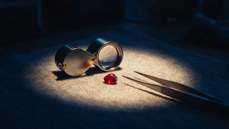 A jeweller's loupe resting on grey felt beside a loose red gemstone, tweezers and a single pool of lamplight in a dark room