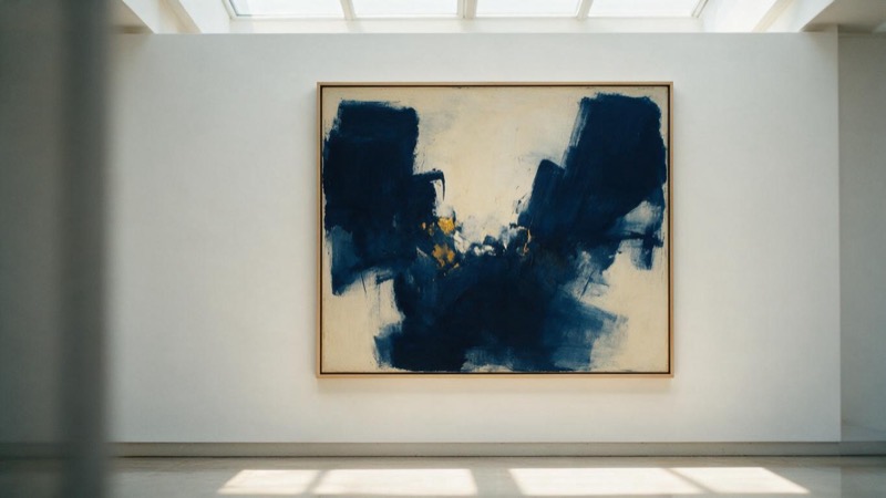 A single framed abstract painting hung alone on a white wall in a private Mayfair townhouse, soft daylight from a skylight falling on a polished floor