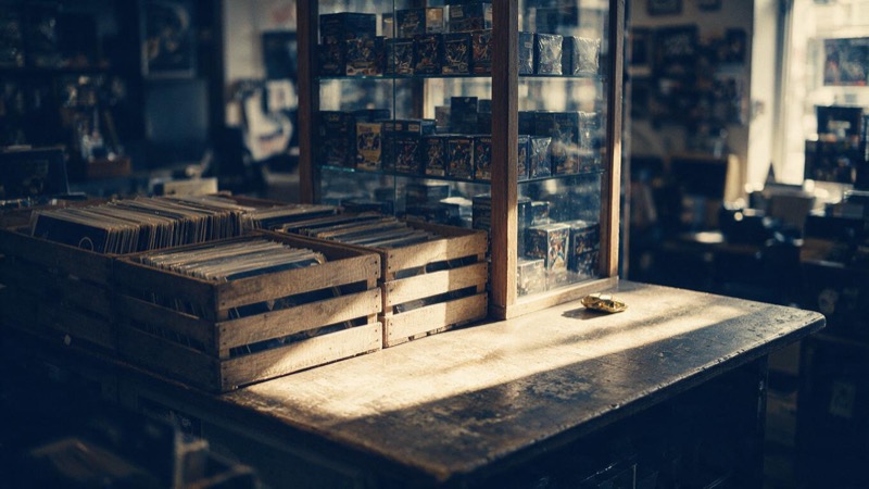 Crates of vinyl records and a glass case of boxed trading cards in a Berlin shop, afternoon sun cutting across the cluttered wooden counter
