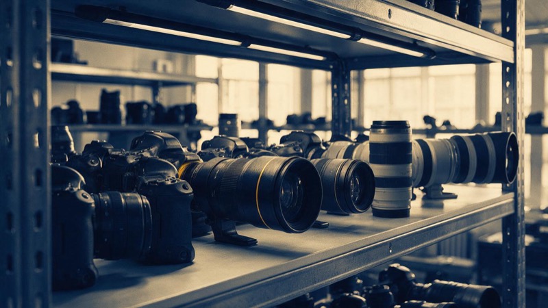 Rows of professional camera bodies and long lenses on steel shelves in a news agency's equipment room in Paris, strip light on black metal
