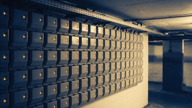A wall of identical grey electricity meter boxes in a tower-block basement, each with a small amber light, a cable tray running overhead