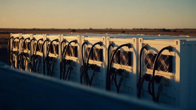 A row of white container-sized battery units on a flat plain in South Australia at sunset, cooling fans and thick cables catching the last orange light