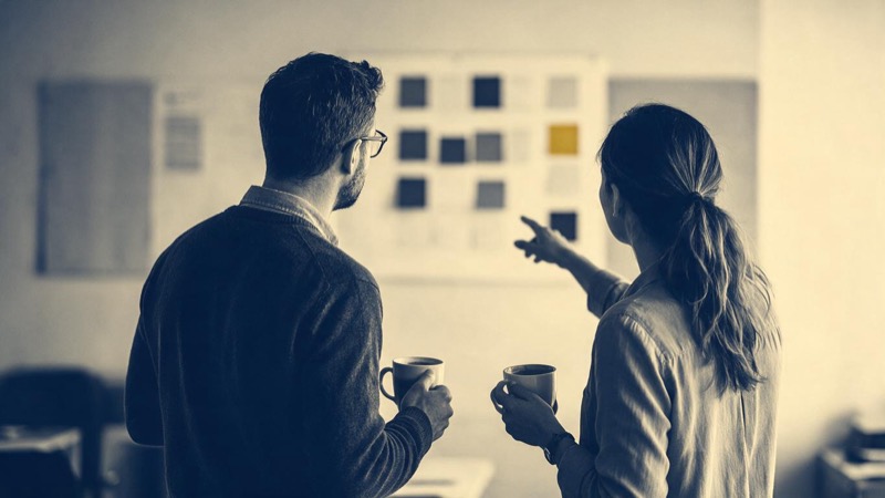 Two risk analysts, seen from behind, review a wall display of softly blurred coloured blocks over their morning coffees