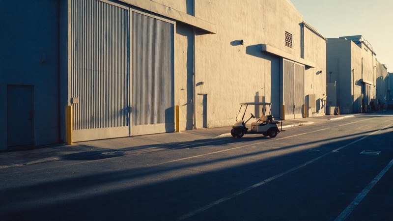 Wide view of a studio lot street at golden hour, sound stage doors closed, a parked golf cart and long shadows across the empty road