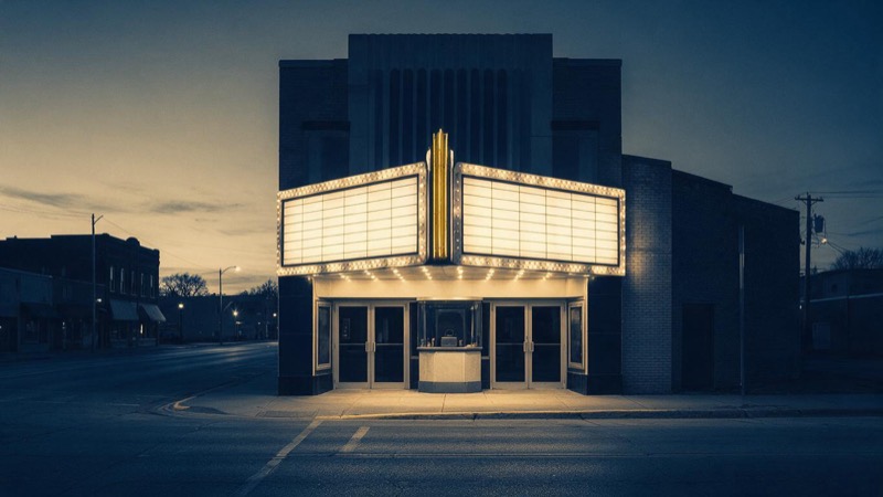 A single-screen cinema on a quiet Midwest main street at dusk, its blank marquee lit warm, the road empty