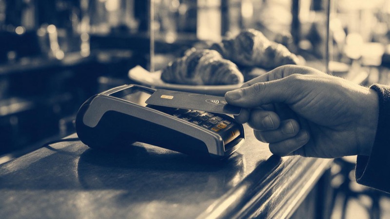 Close-up of a hand tapping a bank card against a contactless terminal on a Paris cafe counter, croissants blurred behind