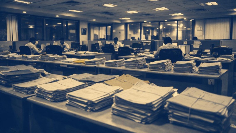 Rows of desks with stacked files in an audit firm's office in Mumbai at quarter end, evening lights on and a few staff still working