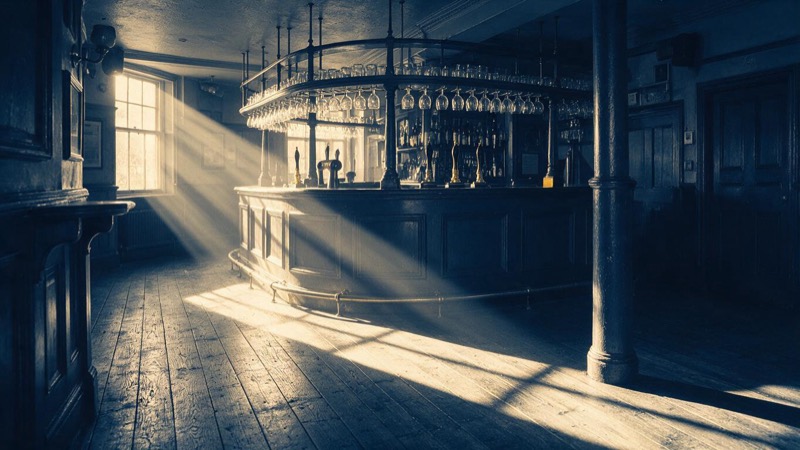 Wide view inside an empty Victorian pub at midday, sunbeams crossing a scarred oak floor and a horseshoe bar, hanging glasses catching the light