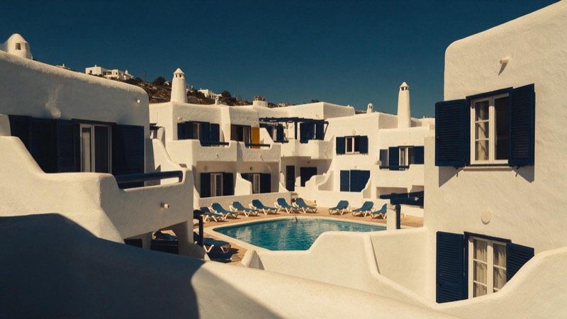 Whitewashed holiday apartments around a courtyard pool on a Portuguese hillside at noon, loungers lined up and shutters open