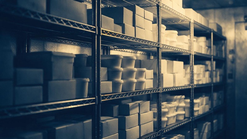 Shelves of plain cartons and sealed tubs in a walk-in cold room in a hotel kitchen, cold light falling on steel racks