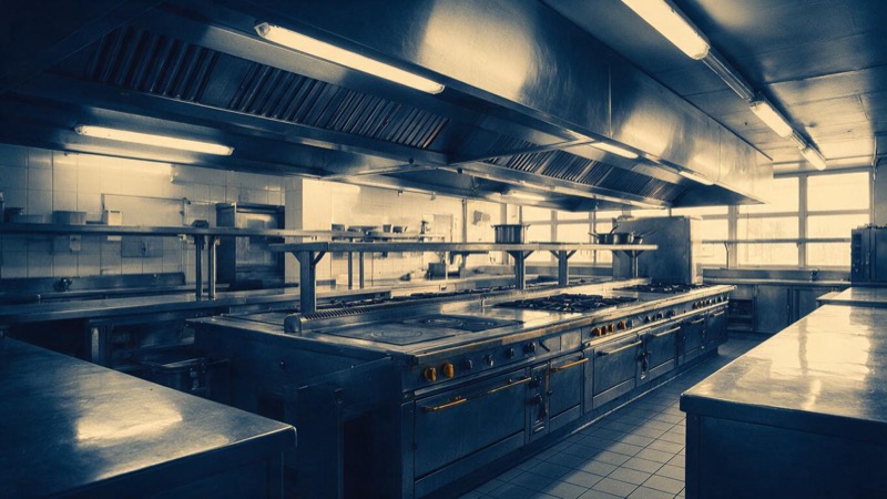 Wide view of an empty commercial hotel kitchen in the early morning, steel ranges and extraction hoods in long rows under cold fluorescent light