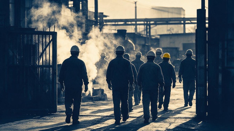 A factory yard at shift change in early morning light, a line of workers in hard hats seen from behind walking in through a gate past steaming vents