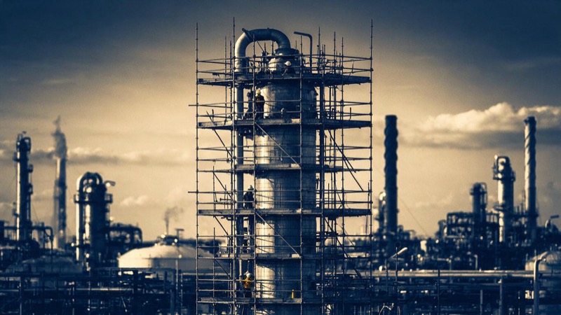Scaffolding climbing a tall distillation column during a planned plant shutdown, tiny workers in white helmets on the platforms under evening sun