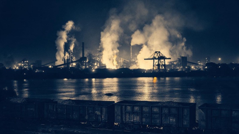 At night a steelworks in eastern India pours orange light and steam into the dark above a wide river, rail wagons waiting in the foreground and a lone gantry crane silhouetted