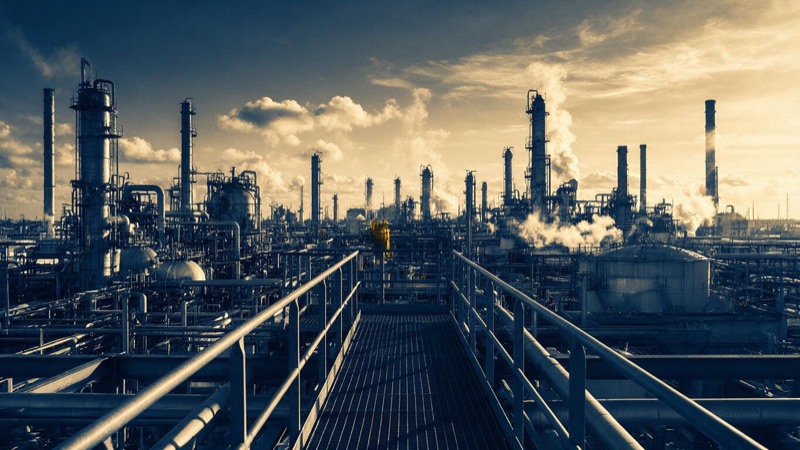 A vast chemical plant at golden hour seen from a steel catwalk, pipes, tanks and steam stretching to the horizon