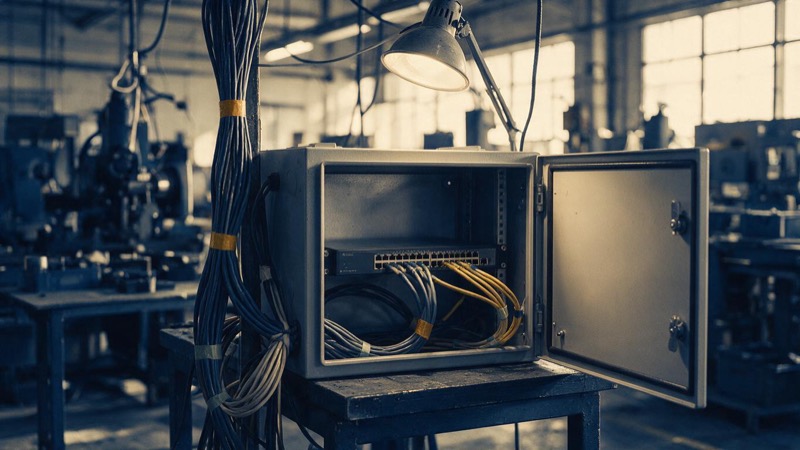 An industrial network switch inside an open grey cabinet on a factory floor, bundles of cables tied with coloured tape under a work lamp