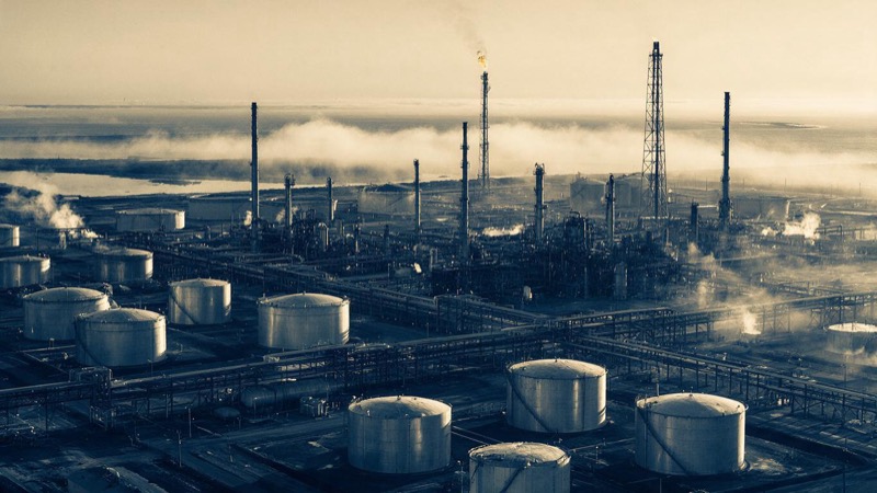 Wide aerial view of a sprawling petrochemical complex on the flat Texas Gulf coast in the early morning, silver tanks, pipe racks and flare stacks under drifting sea mist