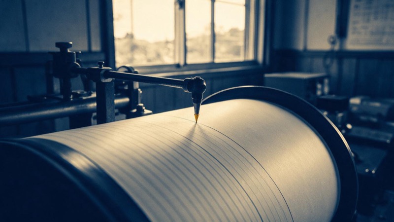 Close-up of a seismograph stylus tracing a fine line across a rotating paper drum in a quiet Japanese observatory room, early light through the window