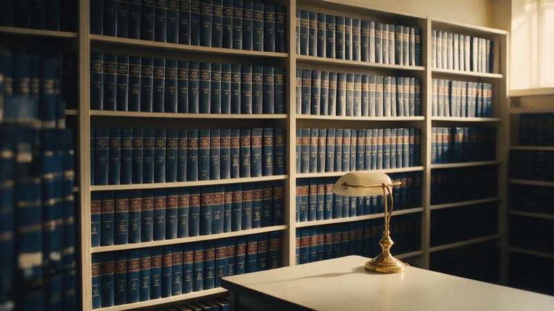 Shelves of bound contract volumes in a law firm's archive room, a brass desk lamp on a table in front, in warm light