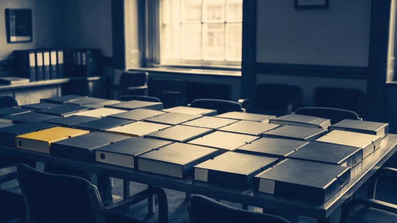 A long wooden table in a lawyers' meeting room covered with neatly laid out box files, a tall window behind it
